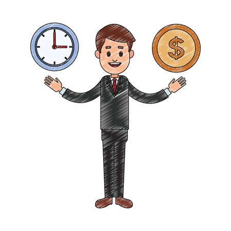 Businessman holding clock and coin with hands cartoon vector illustration graphic designのイラスト素材