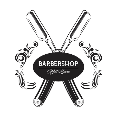 Barbershop vintage emblem with retro drawings in black and white vector illustration graphic designの写真素材