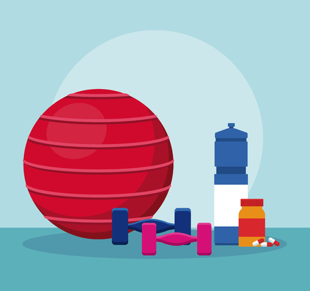 Fitness ball with dumbbell and water bottleのイラスト素材