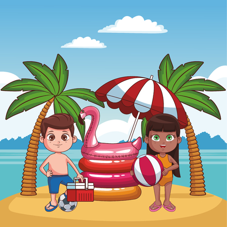 Cute kids having fun at beach cartoons vector illustration graphic designのイラスト素材