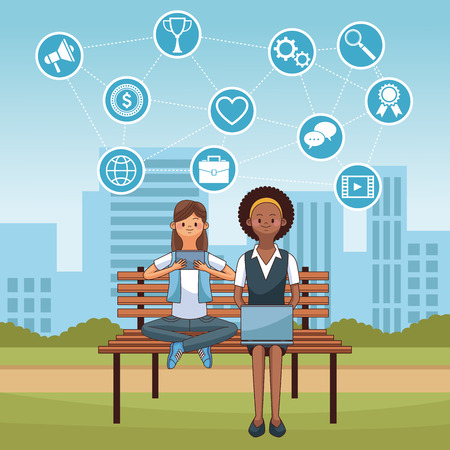 People seated at park connected to social media cartoons vector illustration graphic designのイラスト素材