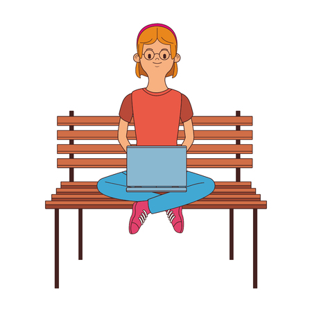 Young woman seated on chair using laptop vector illustration graphic designのイラスト素材