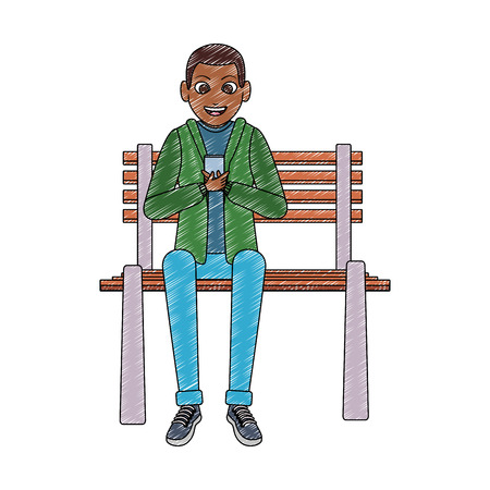 Young man seated on chair using smartphone vector illustration graphic designのイラスト素材
