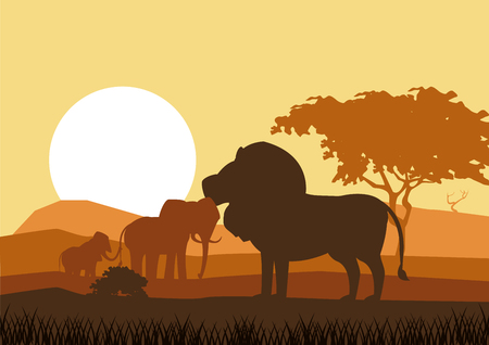 Lion and elephants at african sunset silhouettes vector illustration graphic designのイラスト素材