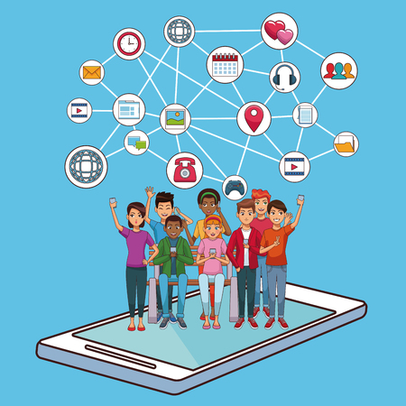 Teenagers on smartphone screen with social network symbols vector illustration graphic designのイラスト素材