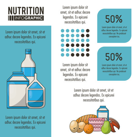 Nutrition and food blue infographic with statistics and elements vector illustrationのイラスト素材