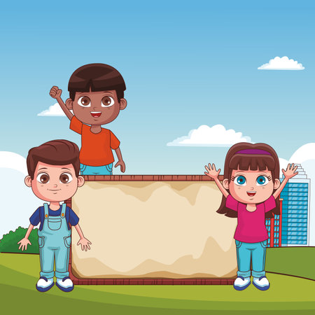 Kids with blank wooden sign at park vector illustration graphic designのイラスト素材