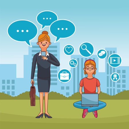 People checking social networks at park cartoons vector illustration graphic designのイラスト素材