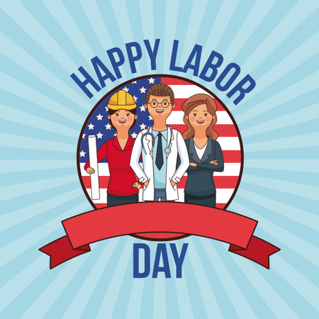 Happy labor day card with people professions and jobs cartoons vector illustration graphic designのイラスト素材