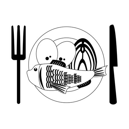 Fish and eggs on dish with cutlery vector illustration graphic designのイラスト素材