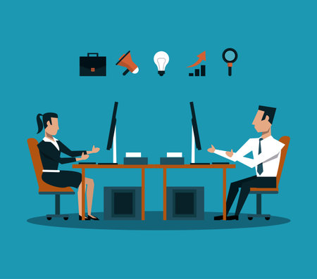 Business teamwork woking with computer on digital marketing vector illustration graphic designのイラスト素材