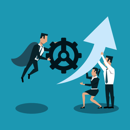 Businessman flying with gear and teamwork holding arrow up vector illustration graphic designのイラスト素材