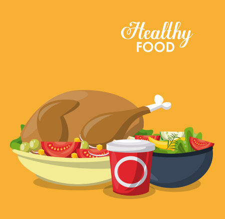 Healthy food chicken and salad vegetables on dish cartoons vector illustration graphic designのイラスト素材