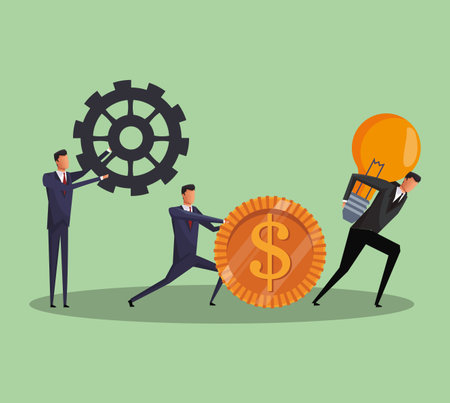 Executive business worker pushing and holing gear coin and bulb vector illustration graphic designのイラスト素材