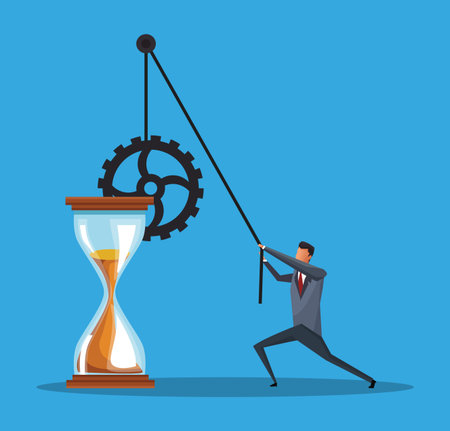 Businessman pulling gear with rope and hourglass vector illustration graphic designのイラスト素材