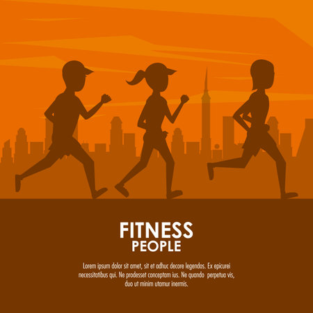 Fitness people running silhouette at city cartoon poster with information vector illustration graphic designのイラスト素材