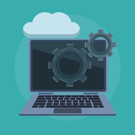 Data center technology laptop and gears with laptop vector illustration graphic designのイラスト素材