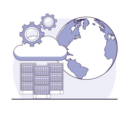Data center set of icons and technology elements in purple and white colors vector illustration graphic designのイラスト素材