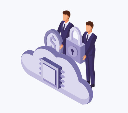 Data center with isometric businessmens and technology elements vector illustration graphic designのイラスト素材