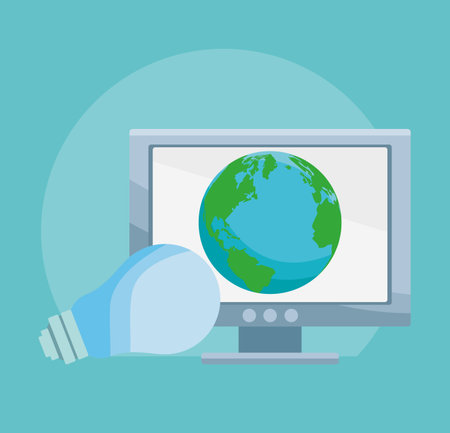 Computer with world on screen and bulb light vector illustration graphic designのイラスト素材
