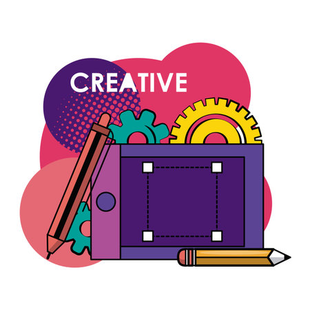 Creative graphic design concept with cartoon elements and tools vector illustrationのイラスト素材