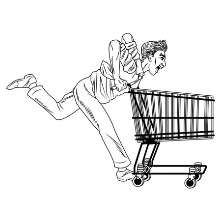 Adult man running with shopping cart pop art vector illustration graphic designのイラスト素材