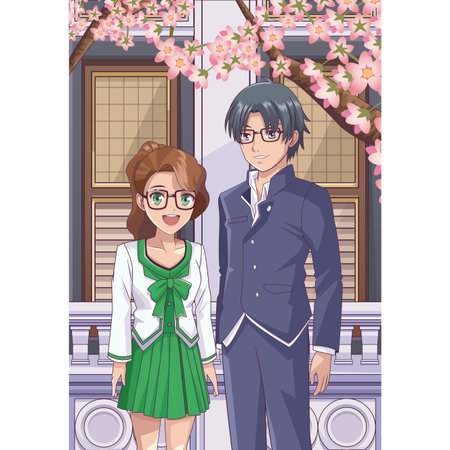 Anime friends in the street manga cartoons vector illustration graphic designのイラスト素材