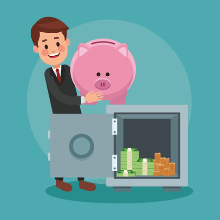 Businessman holding piggy and strongbox open with money vector illustration graphic designのイラスト素材