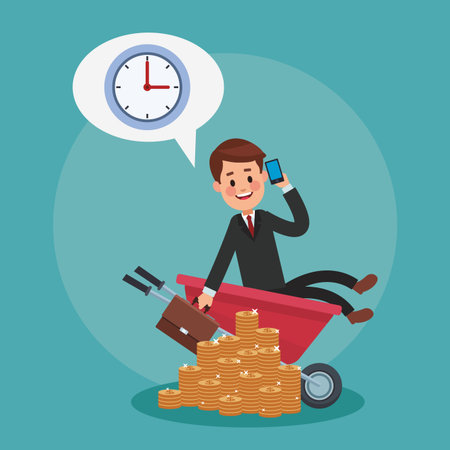 Businessman talking with smartphone on wheelbarrow vector illustration graphic designのイラスト素材