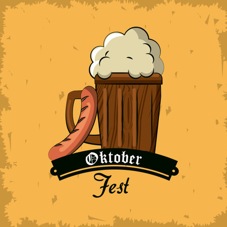 Oktober fest card with beer cup and sausage cartoons vector illustration graphic designのイラスト素材