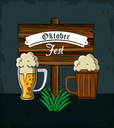 Oktober fest card with wooden sign and beer cups cartoons vector illustration graphic designのイラスト素材