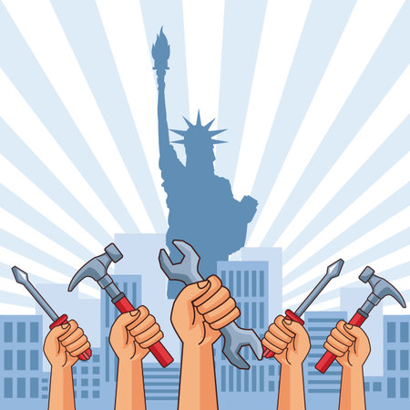Laboy day hands up holding construction tools vector illustration graphic designのイラスト素材