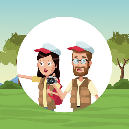 Young tourists couple with cameras and hats at city cartoons vector illustration graphic designのイラスト素材