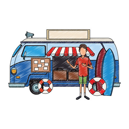 Man with retro van and luggage inside vector illustration graphic designのイラスト素材