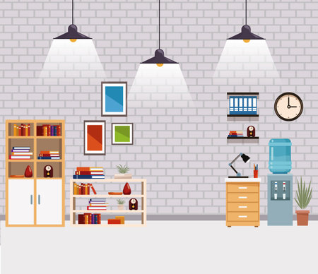 Office interior scenery with furniture and elements vector illustration graphic designのイラスト素材