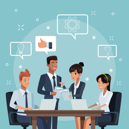 People coworking cartoons with business round icons vector illustration graphic designのイラスト素材