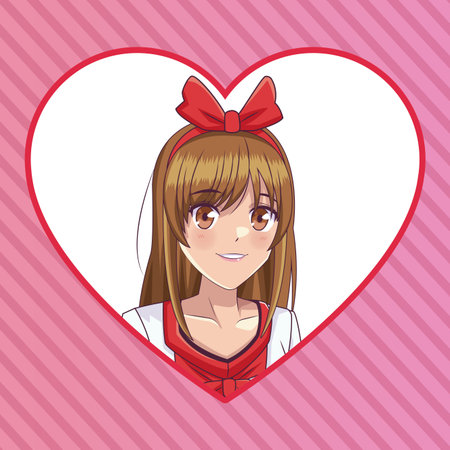 Beautiful woman anime face inside heart shape frame over striped background vector illustration graphic designのイラスト素材