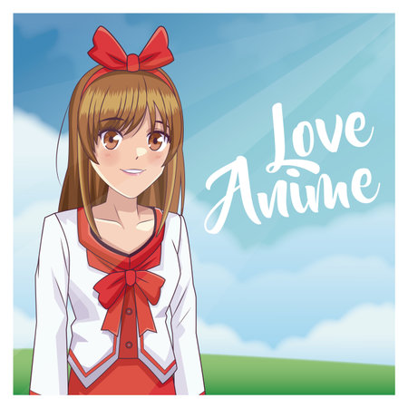 Beautiful young woman over landscape anime cartoon vector illustration graphic design