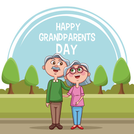 Happy grandparents day card with cute couple at park cartoons vector illustration graphic designのイラスト素材