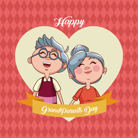 Happy grandparents day card with cute couple cartoon over heart background vector illustration graphic designのイラスト素材