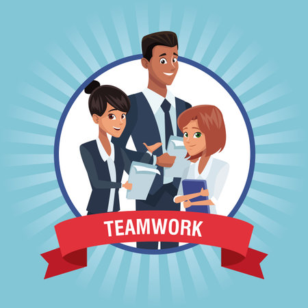 Business people teamwork cartoon inside round frame with ribbon banner vector illustration graphic designのイラスト素材