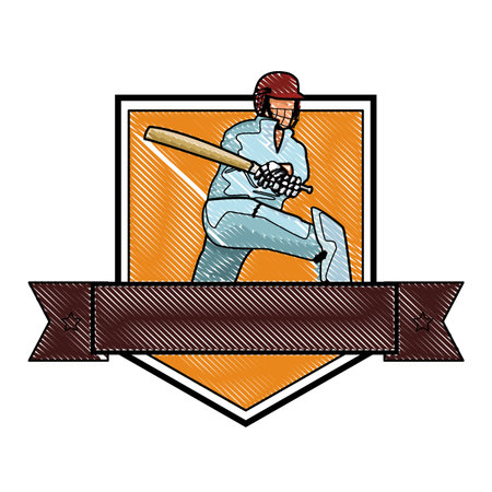 Cricket player with bat on badge with ribbon banner vector illustration graphic designのイラスト素材