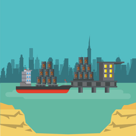 Petroleum plant industry with machinery over cityscape vector illustration graphic designのイラスト素材