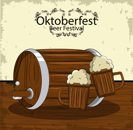 Oktober beer festival with barrel and cups vector illustration graphic designのイラスト素材