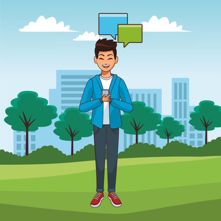 Young man chatting on smartphone vector illustration graphic designのイラスト素材