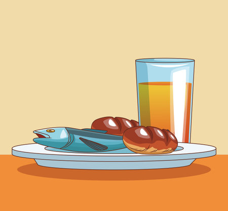 Healthy food bread ans fish with orange juice vector illustration graphic designのイラスト素材