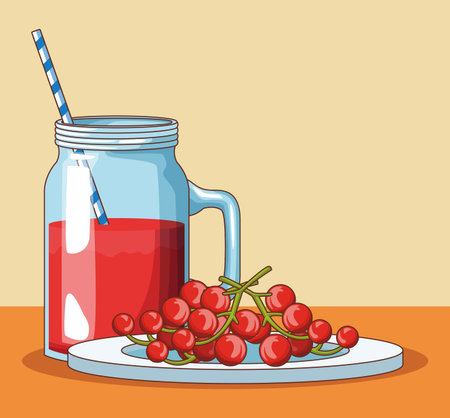 Cherries on dish and juice mason jar vector illustration graphic designのイラスト素材