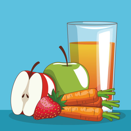 Fruits and vegetables carrots and apples with orange juice vector illustration graphic designのイラスト素材