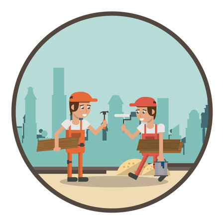 Geometric workers at construction zone cartoons round icon vector illustration graphic designのイラスト素材