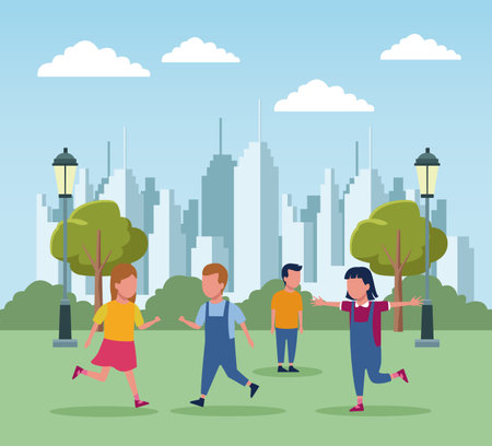 Kids playing at park scenery vector illustration graphic designのイラスト素材